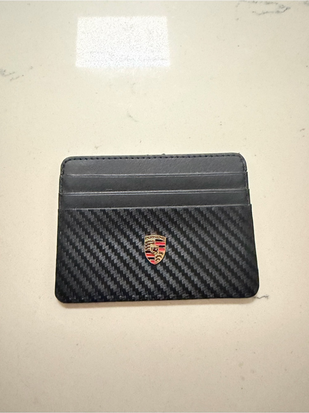 Porsche Crest Slim Card Holder Wallet Black Faux Leather Carbon Fiber Style